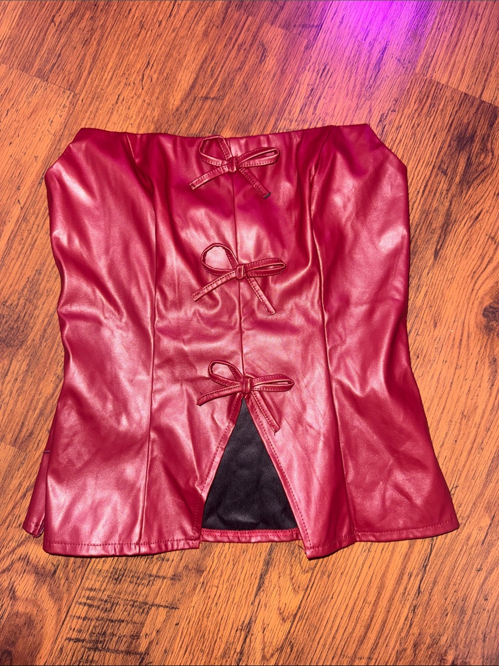 Burgundy Strapless Faux Leather Corset Top with Bow Closures 2.R4